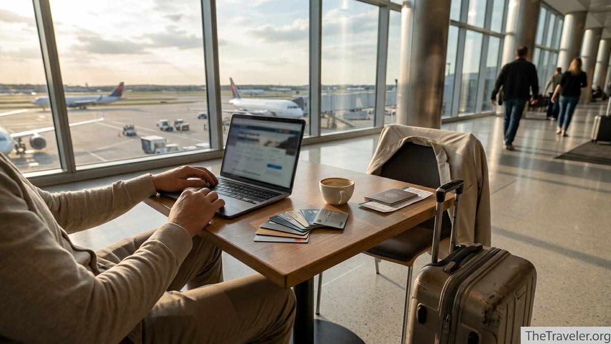 Traveler comparing multiple credit cards at an airport lounge table with planes visible outside.