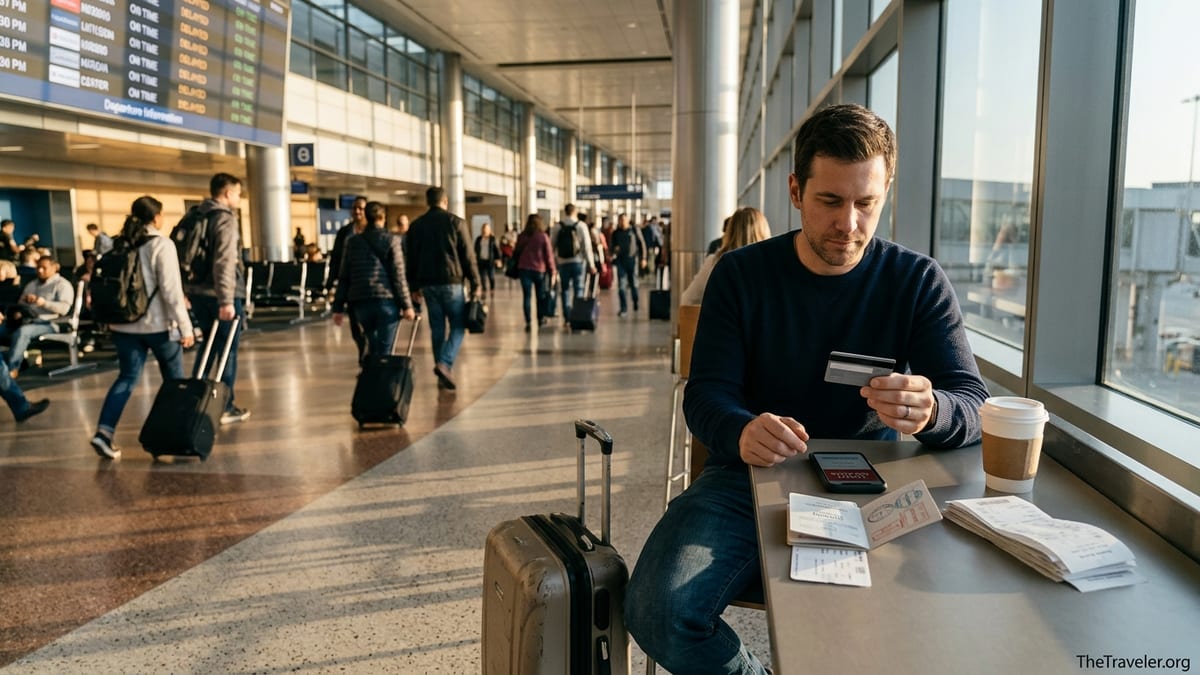 Traveler in airport holding a credit card beside luggage and receipts during a flight delay.