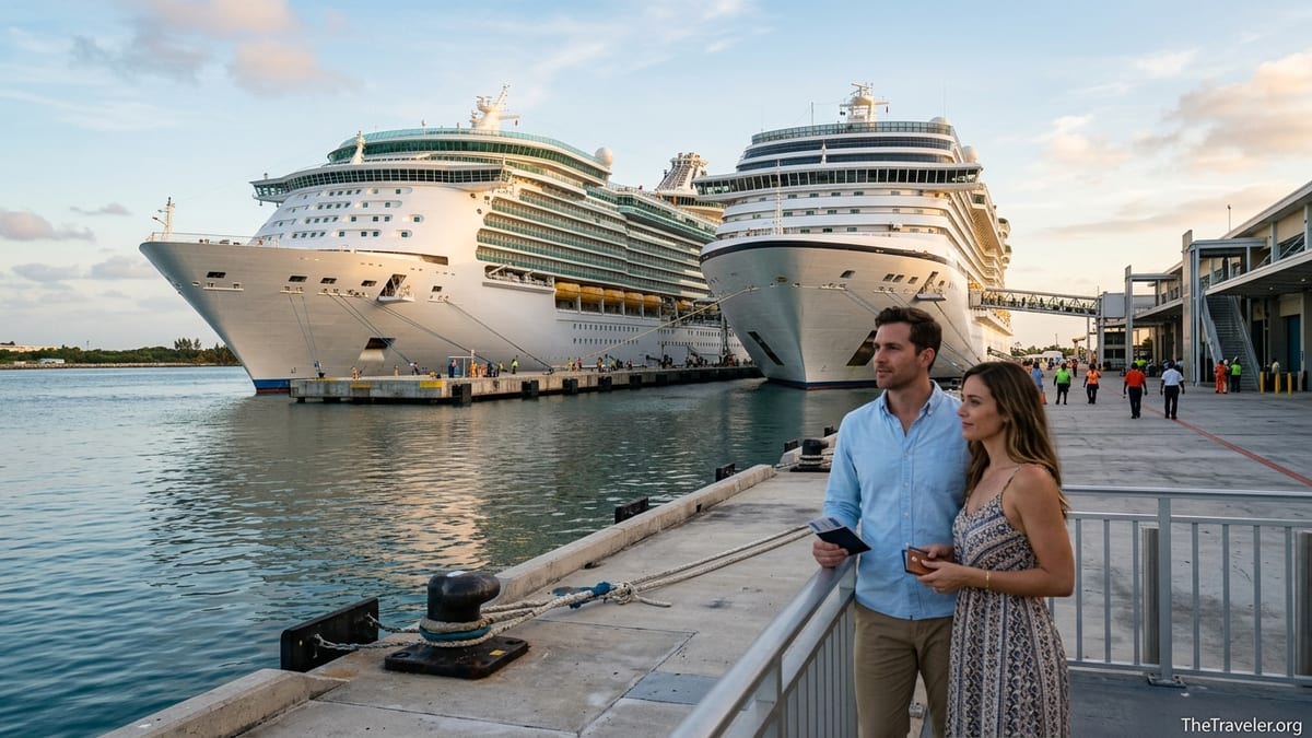 Travelers at a cruise port terminal looking at two large ships while holding travel documents and cards.