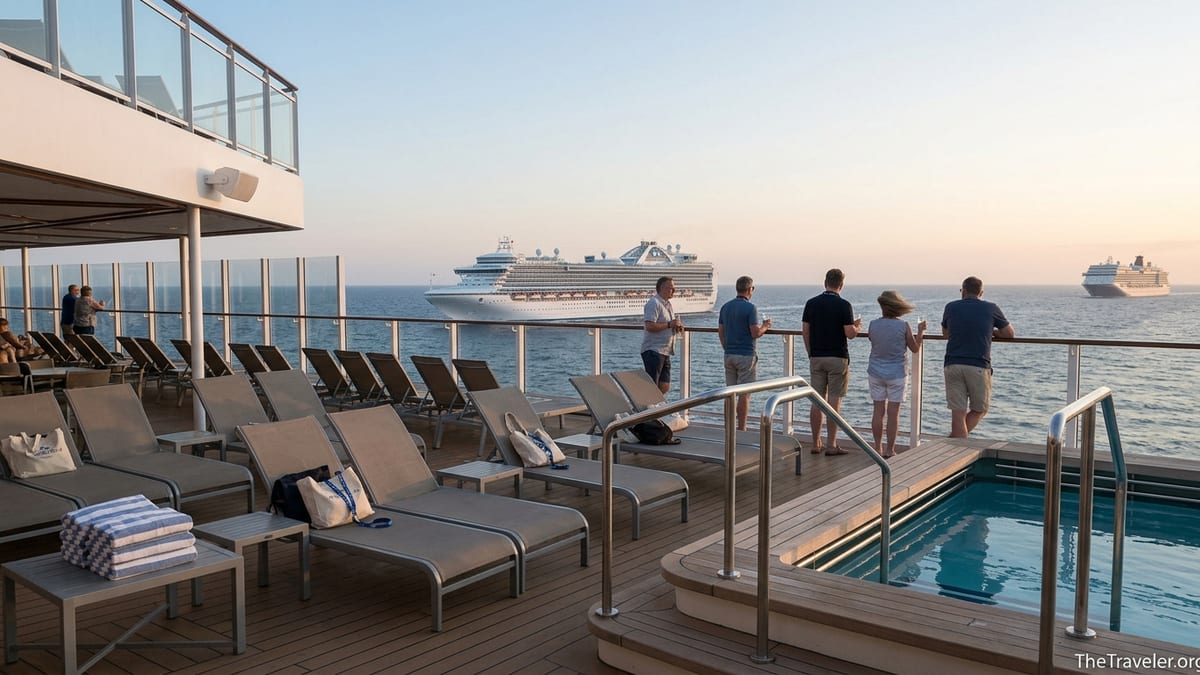 Cruise ship sun deck at sunset with passengers watching another liner sail past at sea.