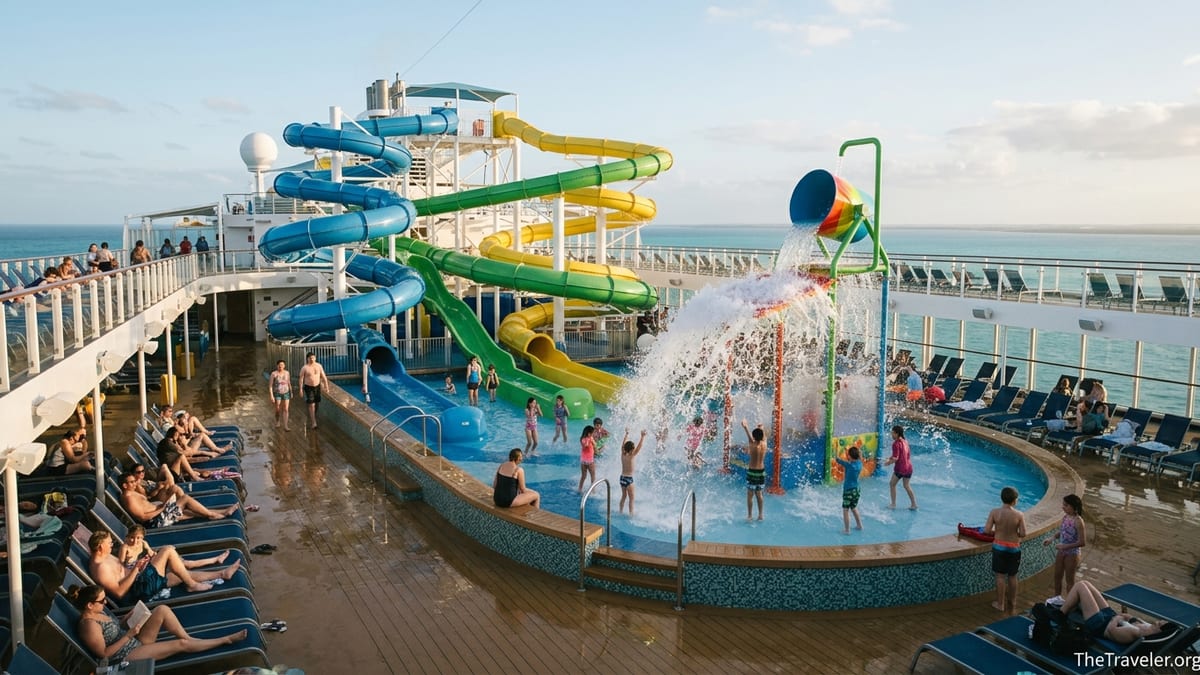 Family water park with twisting water slides on a cruise ship at sunset