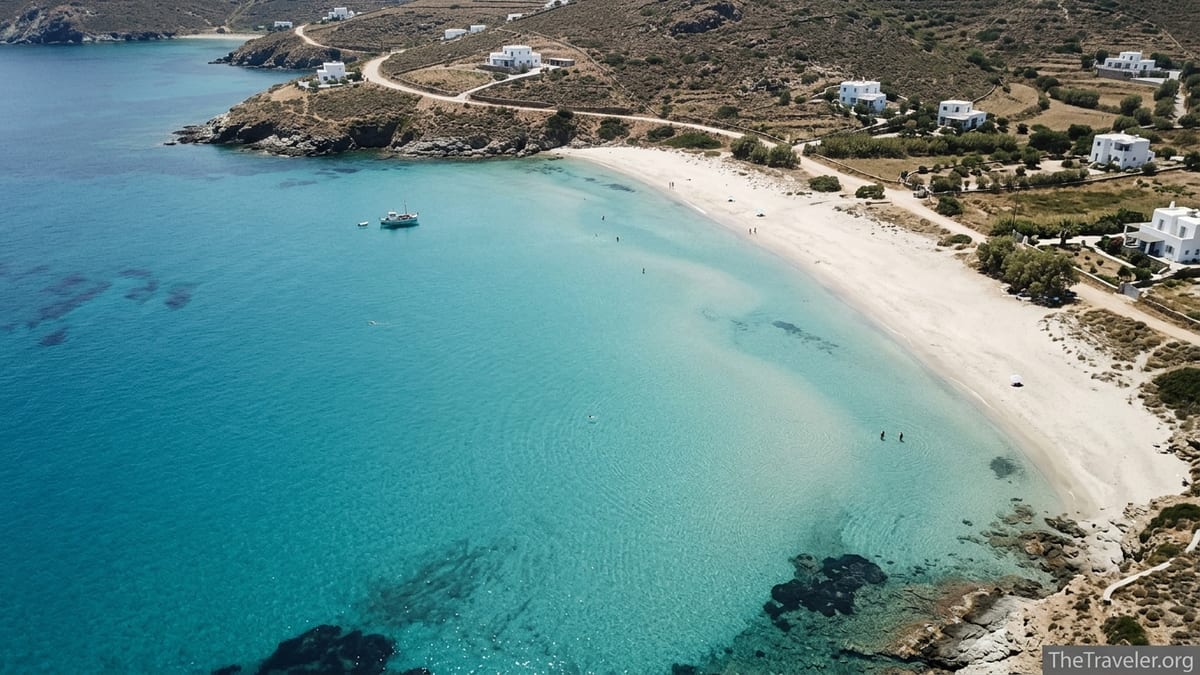 A quiet sandy bay in the Cyclades with turquoise water and a few swimmers spread along the shore.