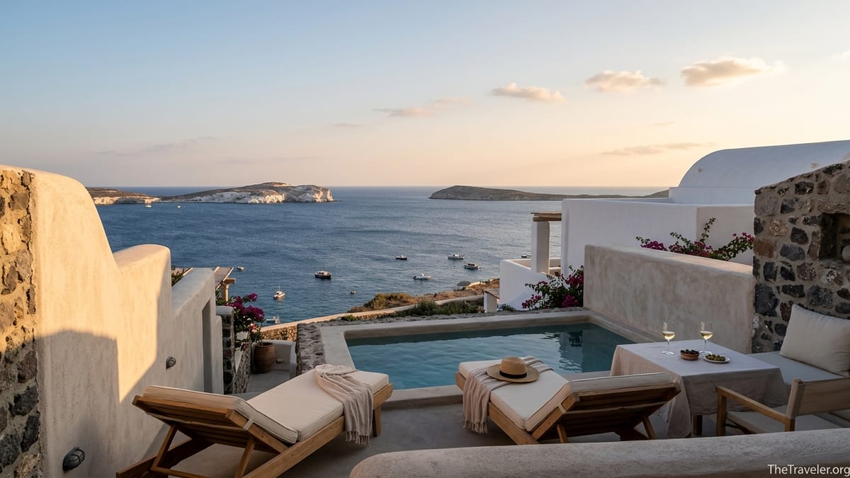 Romantic Cycladic terrace with plunge pool overlooking the Aegean Sea at sunset.