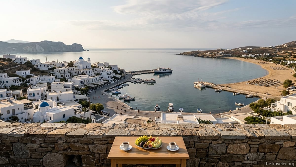 Sunrise over a Cycladic harbor with whitewashed houses, sandy beach and calm Aegean sea.