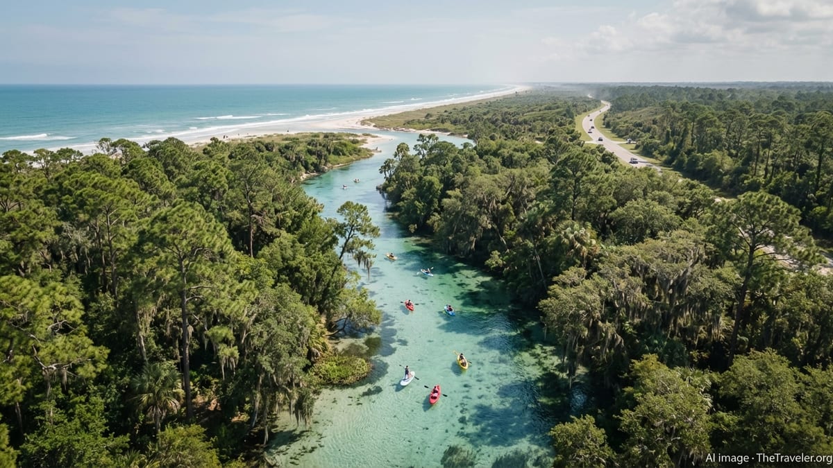 A turquoise Florida spring winding through forest toward a distant sandy beach under a bright sky.