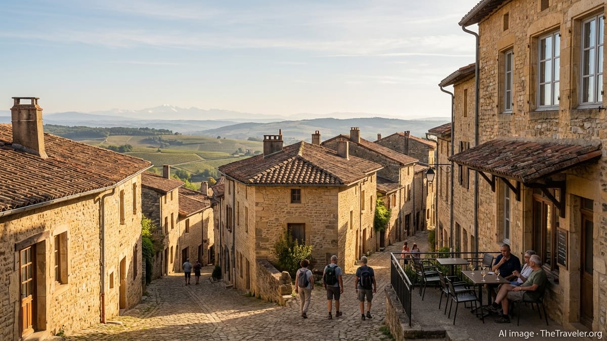Sunlit French hilltop village overlooking rolling vineyards in the late afternoon.