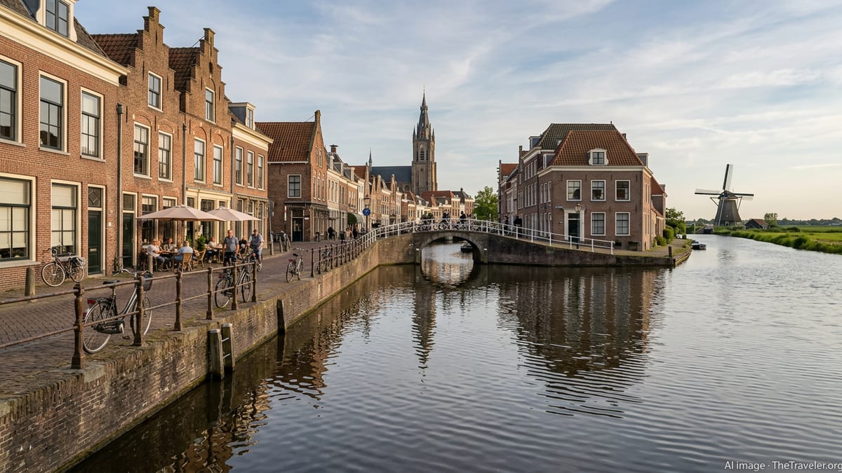 Dutch canal with historic brick houses, bridge, and distant windmill on a sunny day.