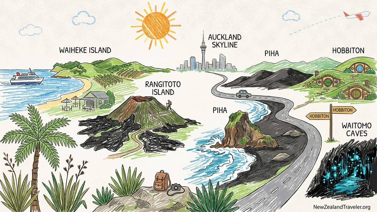 Aerial view of Auckland with Waiheke, Rangitoto and Piha’s black-sand coast in one wide scene.