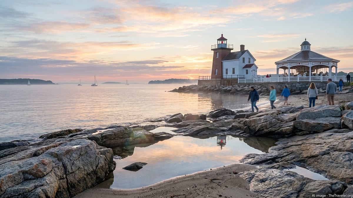 Sunrise over a rocky Connecticut shoreline with lighthouse and calm Long Island Sound.