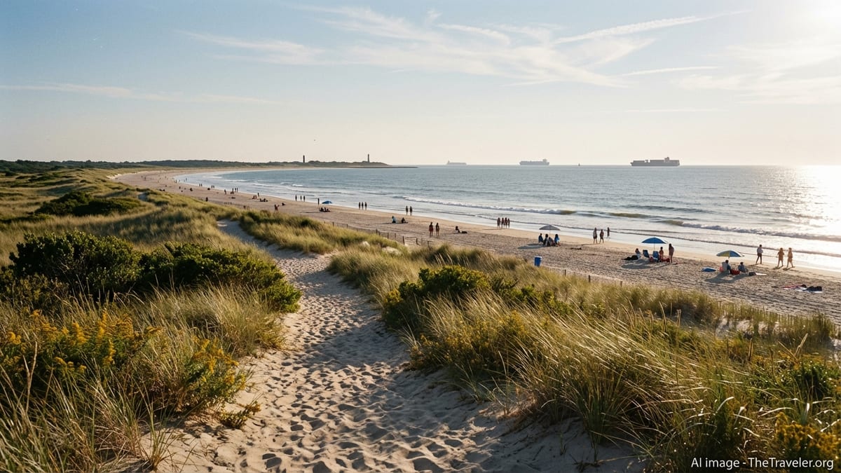 Dune path leading to a quiet beach at Cape Henlopen State Park on a sunny afternoon.