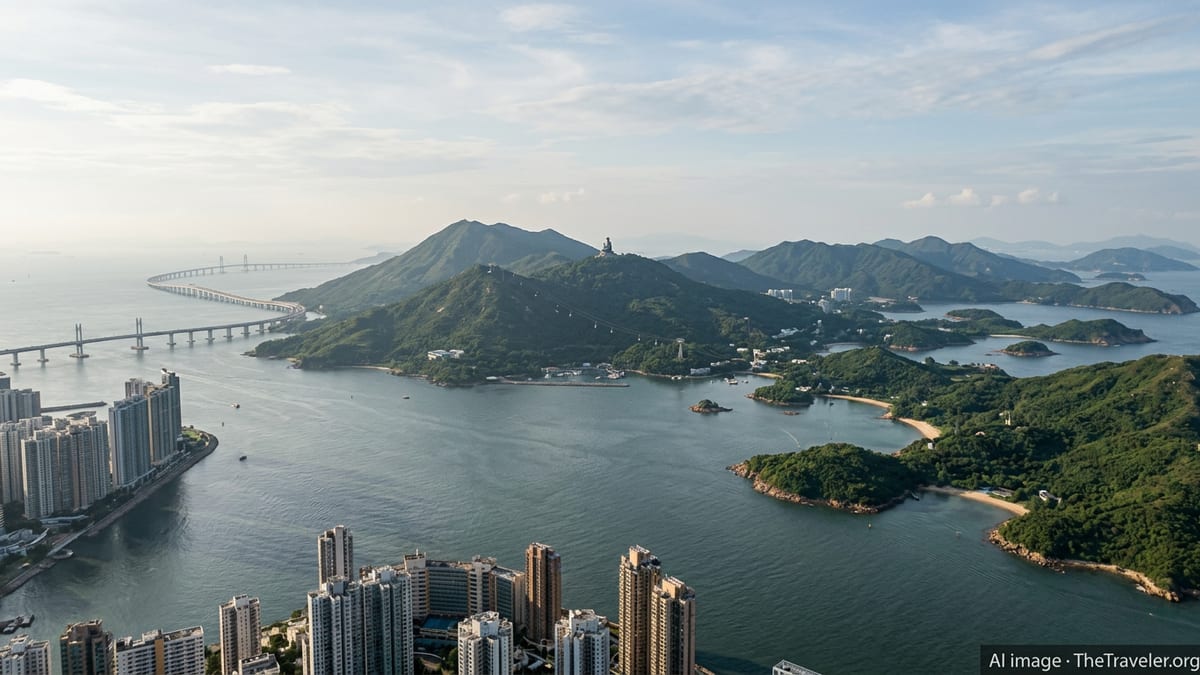 Wide view of Hong Kong harbour with Lantau mountains and Sai Kung islands in the distance.