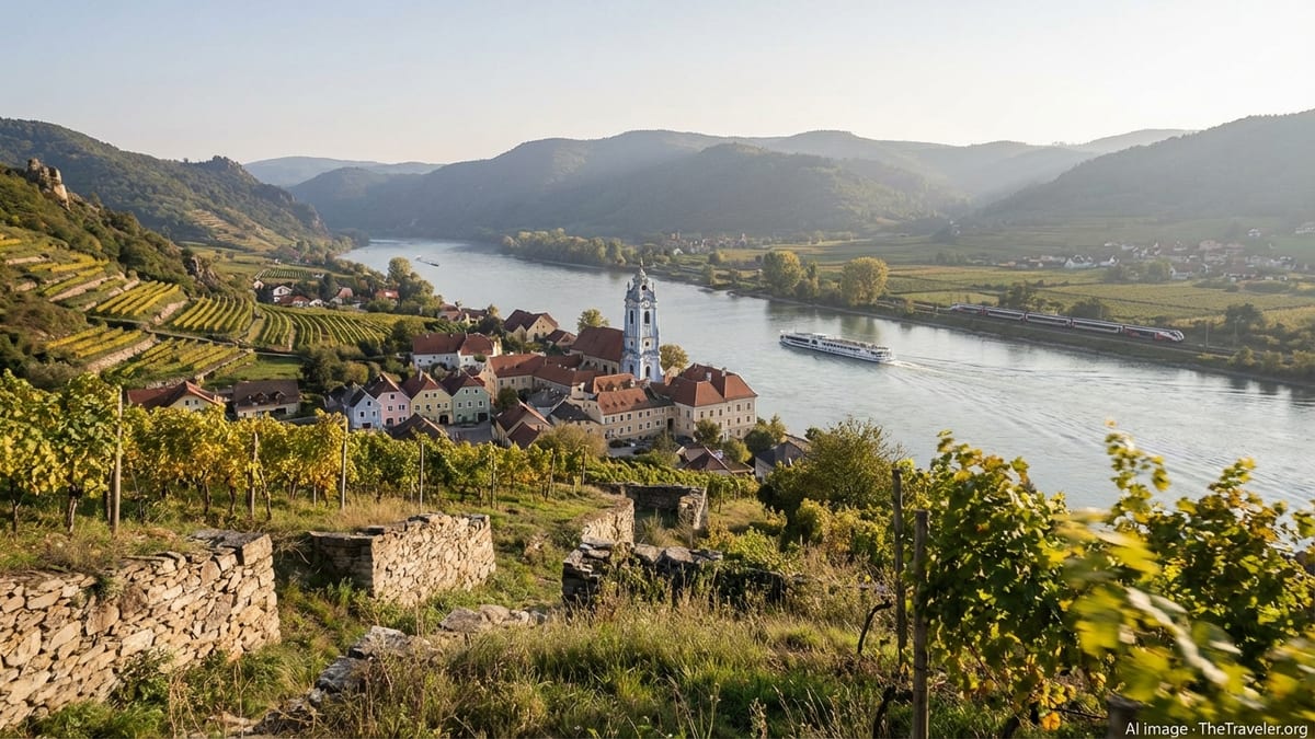 View over Austria’s Wachau Valley with Danube River, vineyards and village near Dürnstein on a clear afternoon.
