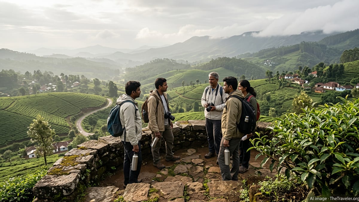 Travelers overlook green tea-covered hills and valleys of the Western Ghats on a hazy afternoon.