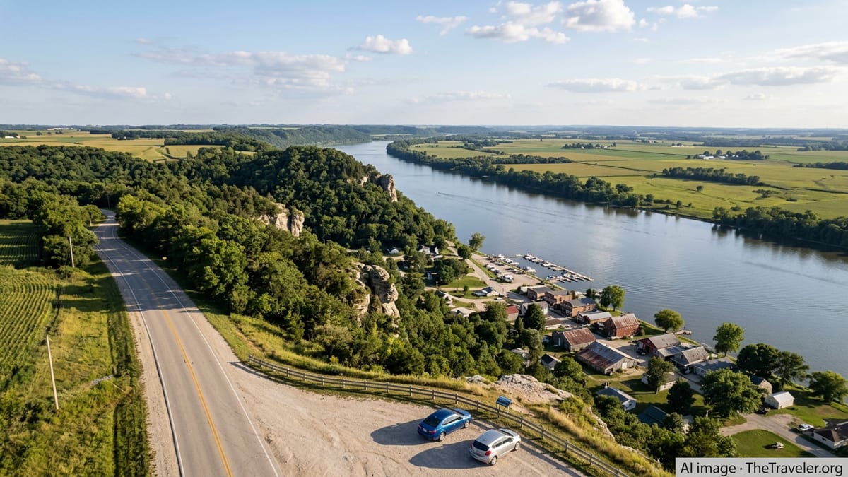 A winding Iowa highway leads past bluffs to a small town on the Mississippi River on a clear summer afternoon.