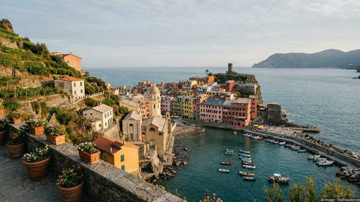Terraced houses of Vernazza in Cinque Terre overlooking a small harbor and the Ligurian Sea at sunset.