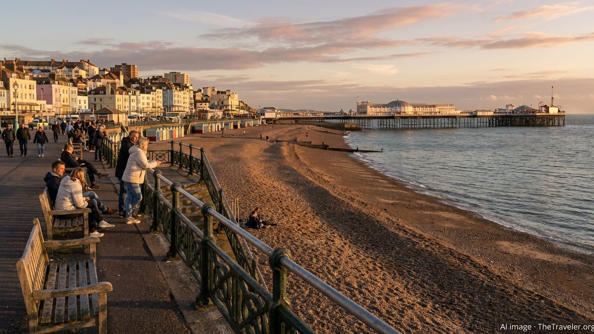 Brighton seafront at golden hour with pier, promenade and townhouses along the UK coast.