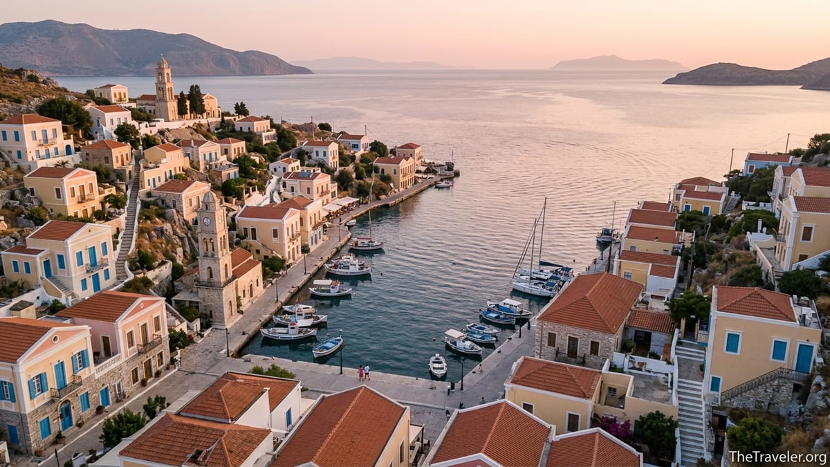 Aerial view of a pastel-colored Dodecanese harbor at sunset with boats and neoclassical houses.