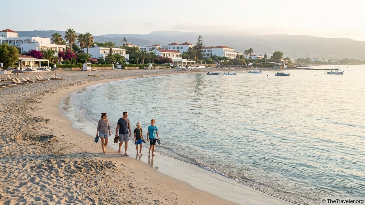 Family walking along a sandy beach in the Dodecanese with low rise resorts behind.