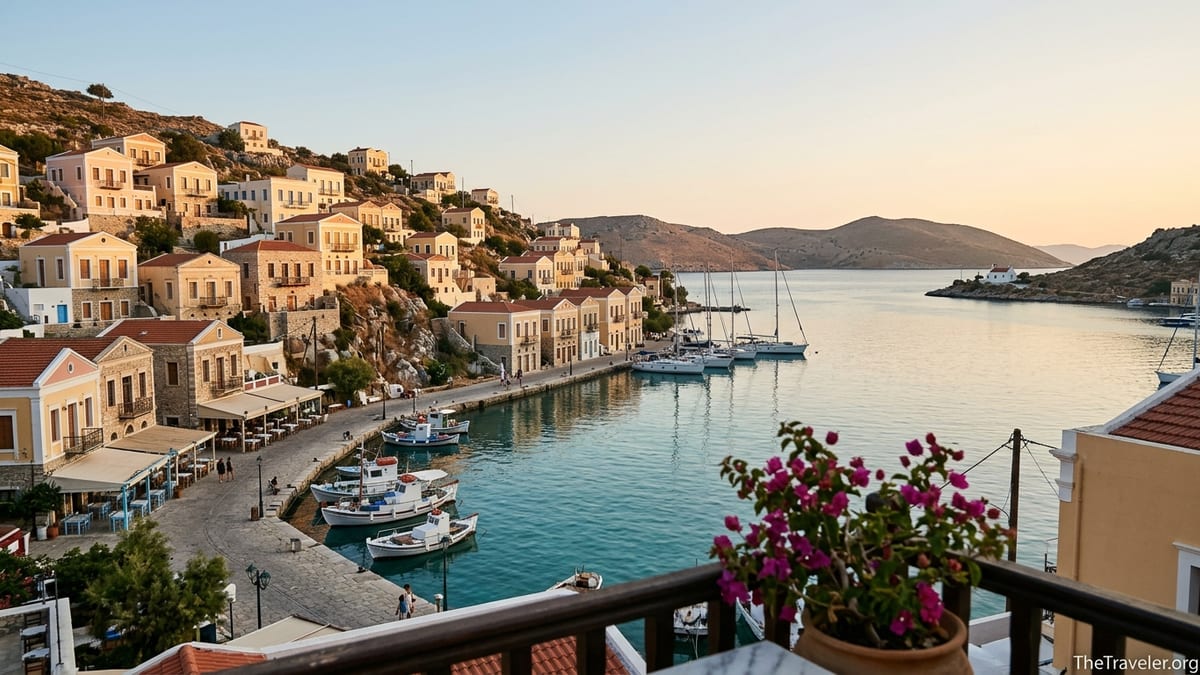 Golden hour view over a pastel-coloured Dodecanese harbour with neoclassical houses and calm turquoise bay.