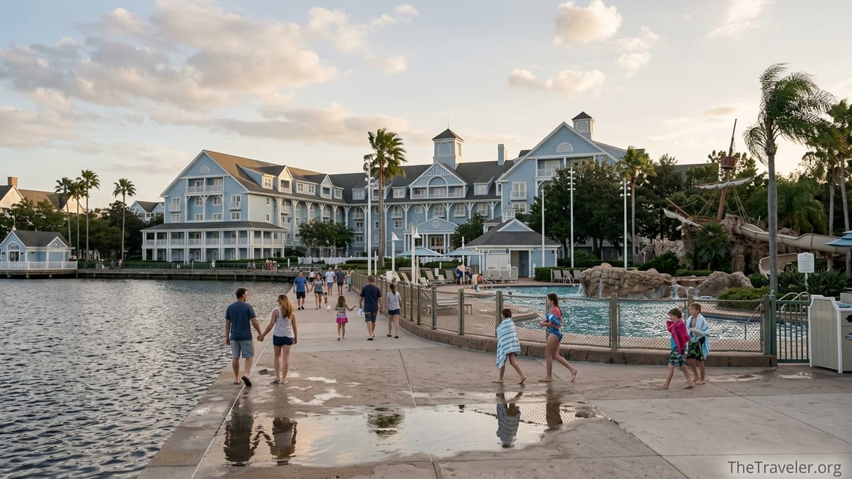 Beach Club Villas at Walt Disney World reflected in Crescent Lake at sunset with families walking along the promenade.