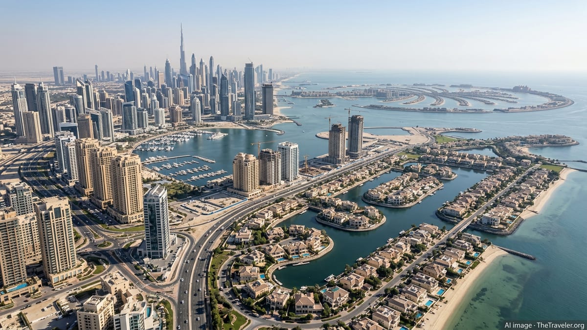 Aerial view of UAE coastal skylines and residential districts across several emirates.