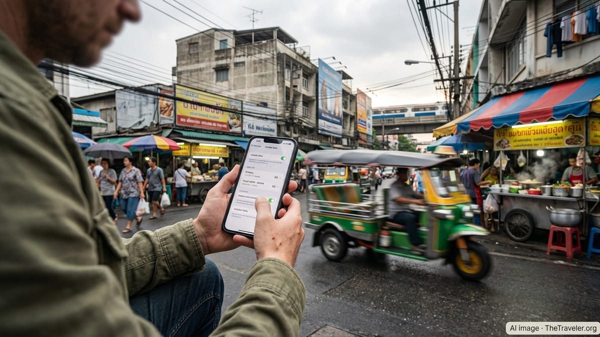 Traveler in Bangkok street holding a smartphone showing eSIM settings with tuk tuks and food stalls behind.