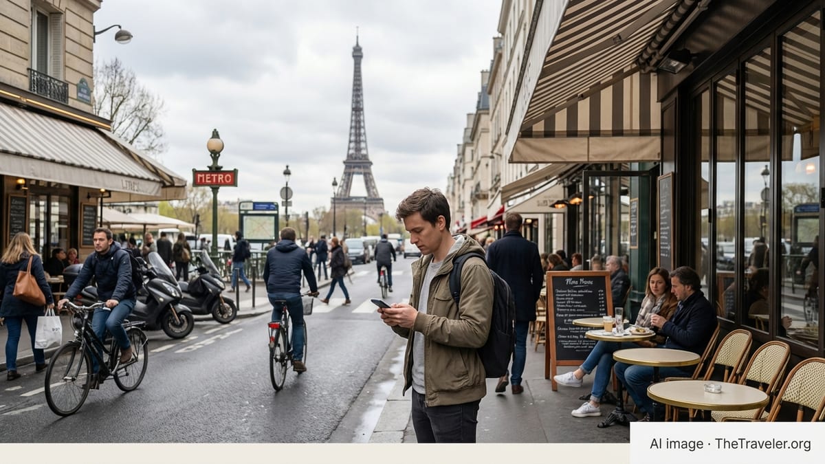 Traveler in Paris street near Eiffel Tower checking eSIM on smartphone by a café.