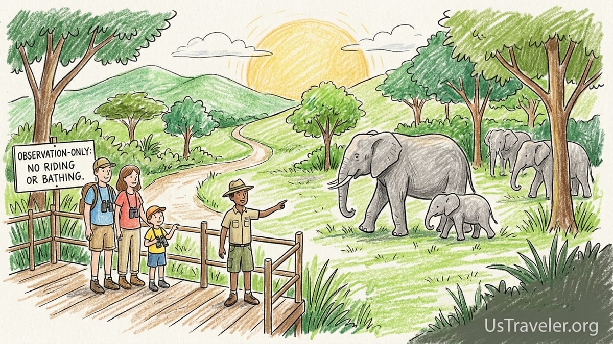 Observation-only elephant viewing platform in Northern Thailand forest near Chiang Mai, with elephants walking freely at a 거리