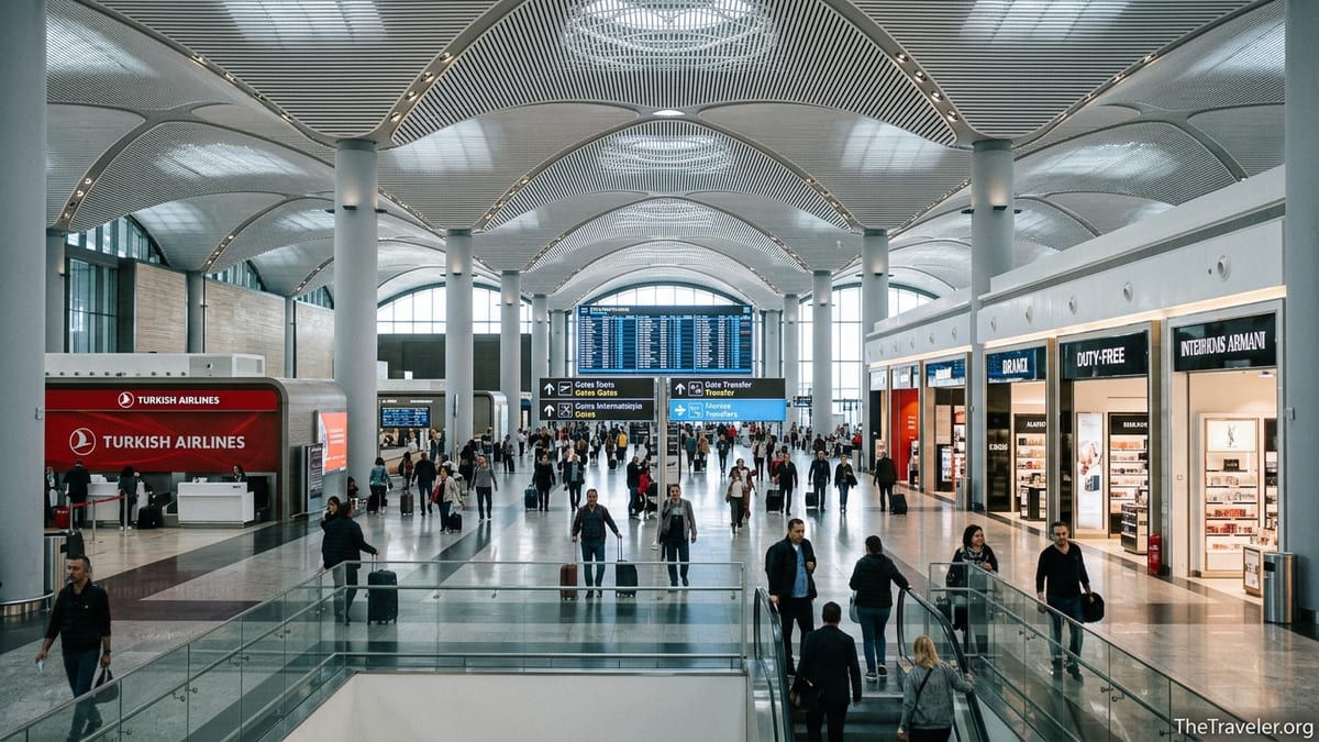 Busy departures hall of Istanbul Airport with travelers, signage and modern architecture.