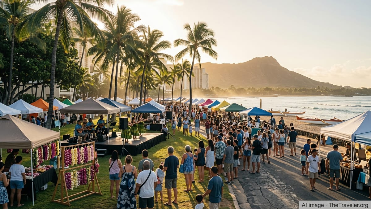 Crowds enjoy a Hawaiian beachfront festival with hula dancers, tents, and Diamond Head in the background.