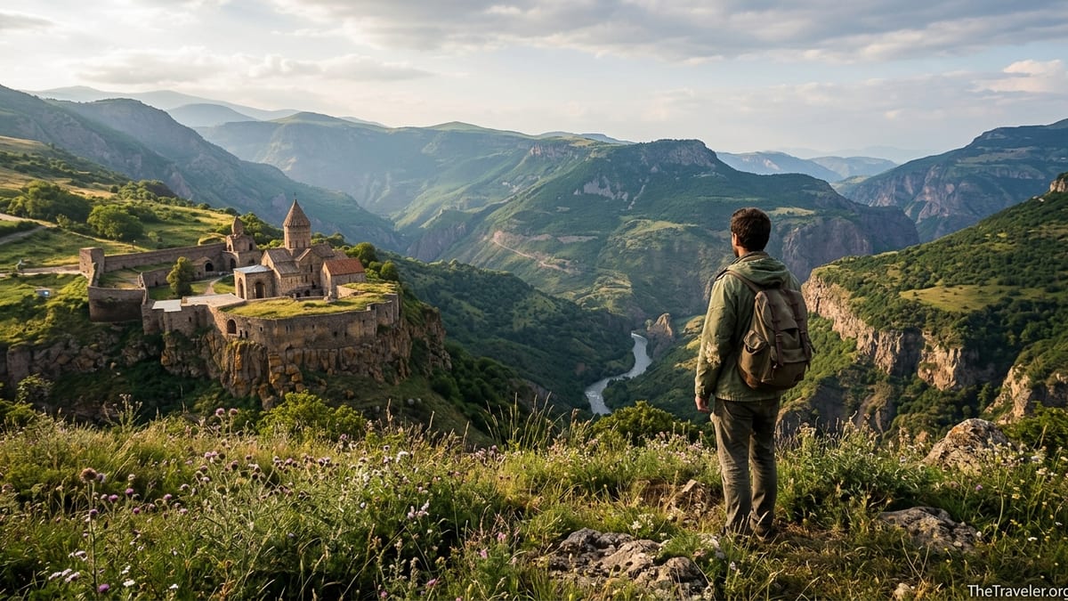 Traveler overlooking Tatev Monastery and Vorotan Gorge in Armenia at golden hour.