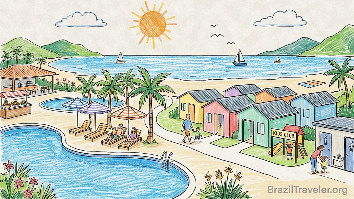 Shaded kids pool area at a beachfront family resort in Brazil with stroller-friendly paths nearby.