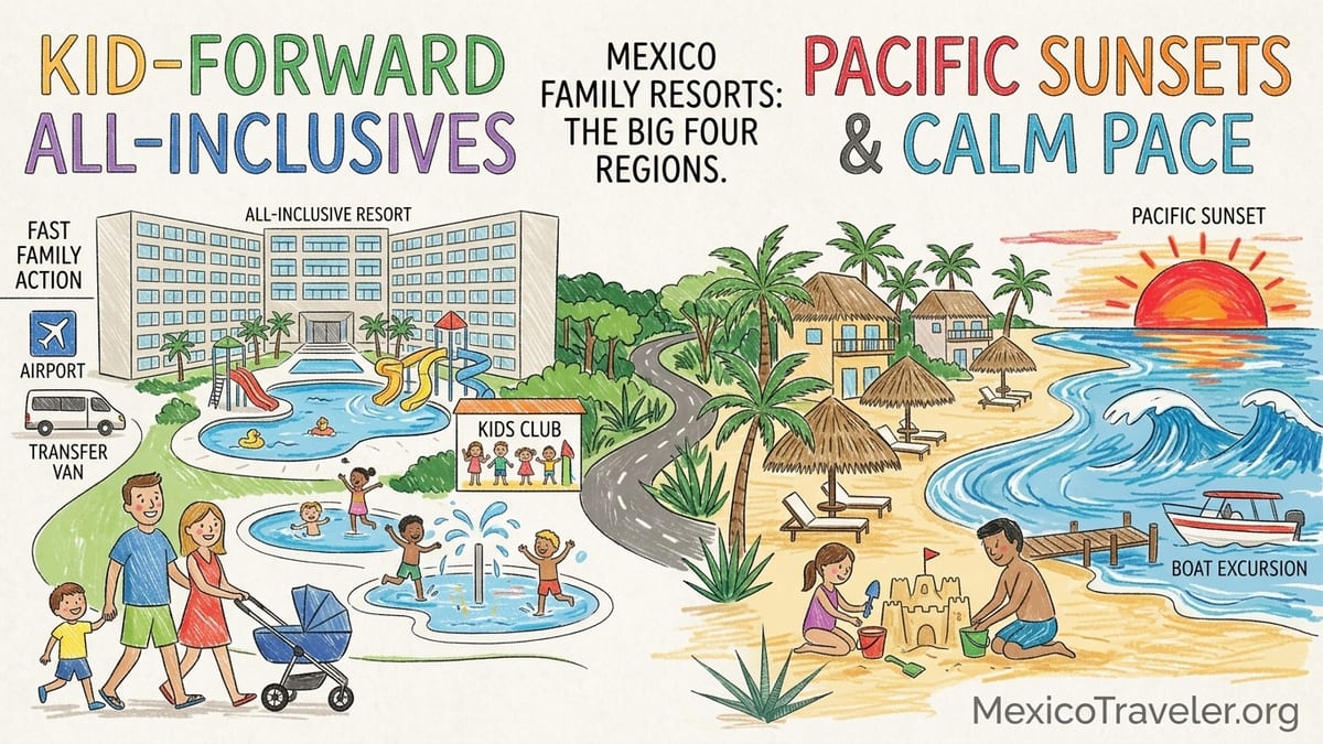 Parent and kids walking by a shaded resort pool and splash area at a family all-inclusive in Mexico