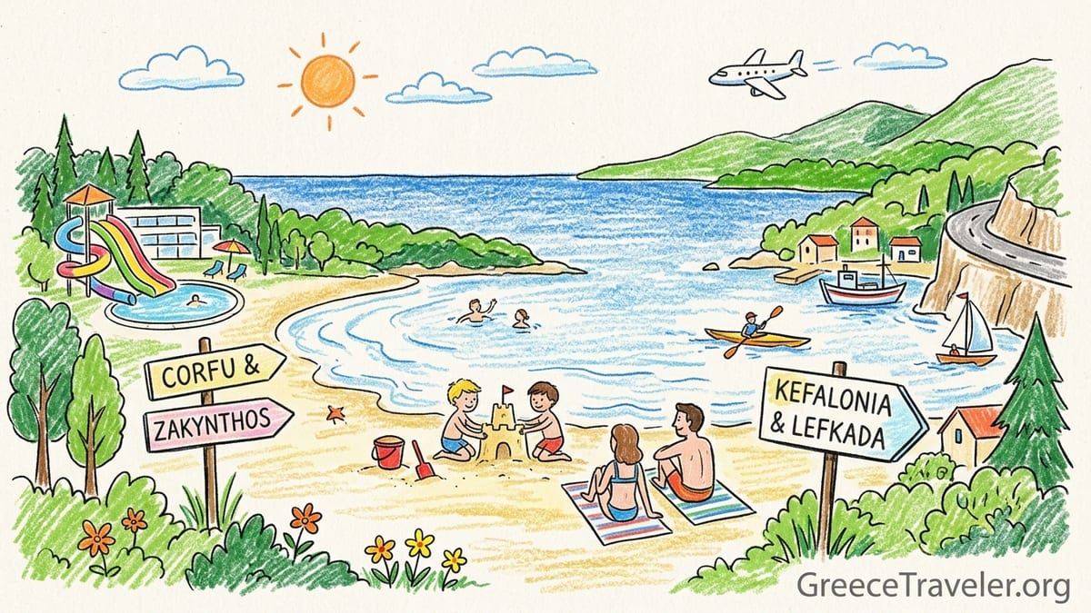 Family with children playing on a shallow sandy beach in the Ionian Islands near a low rise seaside resort.