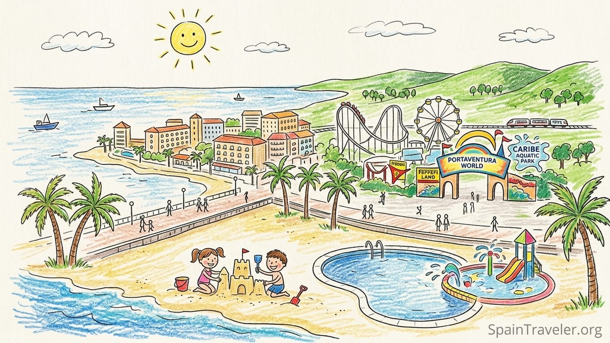 Family-friendly beachfront resort pool and shallow beach on Spain’s Mediterranean coast at sunset.