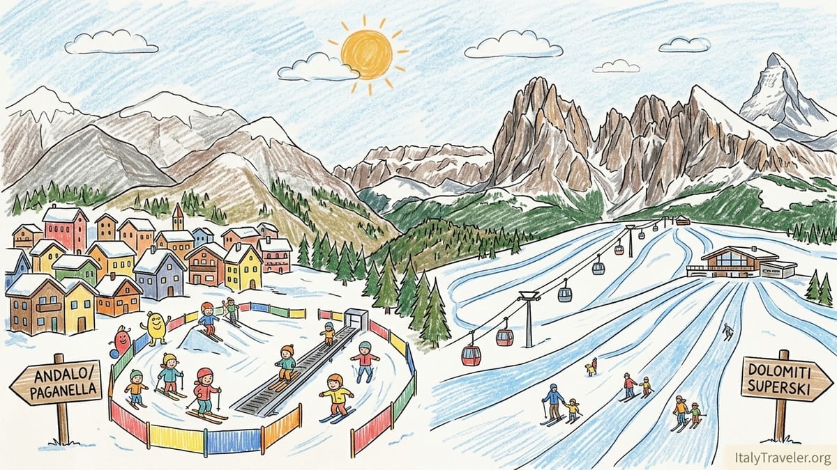 Family ski lesson on gentle slopes in the Italian Dolomites with nursery area and mountain peaks.