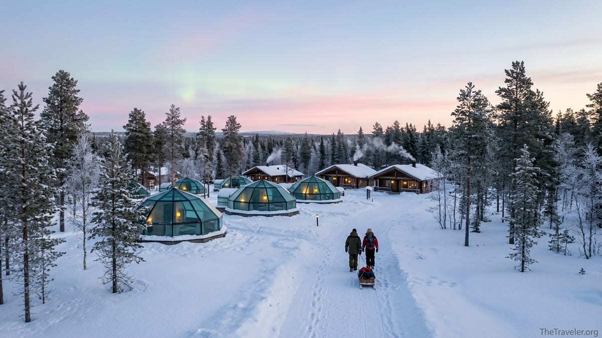 Glass igloo cabins in snowy Finnish Lapland at sunrise with travelers walking on a path.