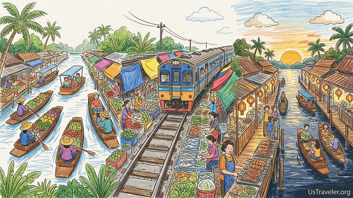 Long-tail boat at a Thai floating market canal near sunset with food boats and riverside stalls.