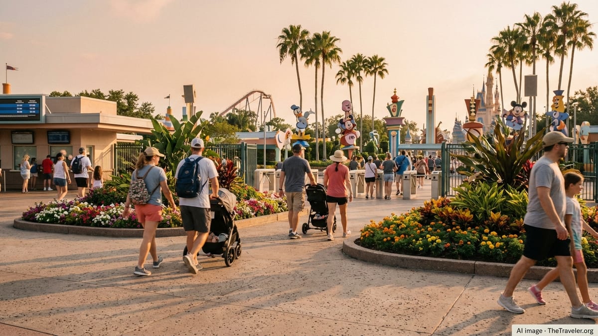 Crowds approach a Florida theme park entrance lined with palm trees and rides at sunset.