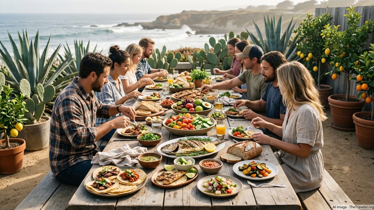 Outdoor table in California with tacos, seafood, salads and ocean view behind diners.