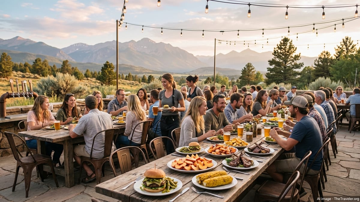 Outdoor Colorado patio with diners eating local dishes and Rockies in the background at sunset.