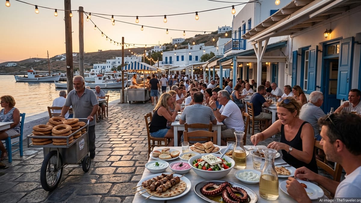 Greek harbor promenade with tavernas, street food and people eating outdoors at sunset.