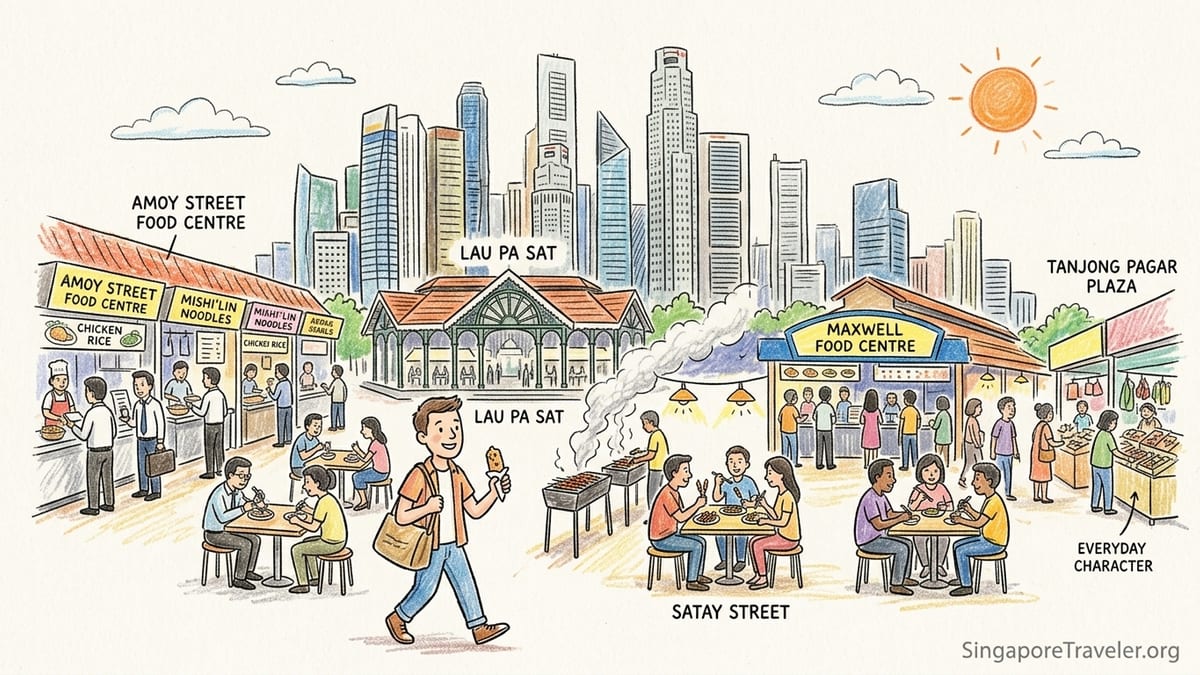 Evening diners at Lau Pa Sat hawker centre with Singapore CBD skyscrapers behind.