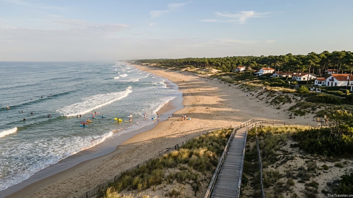 Aerial view of a sandy French Atlantic beach with dunes, pine forest and surfers in gentle waves.
