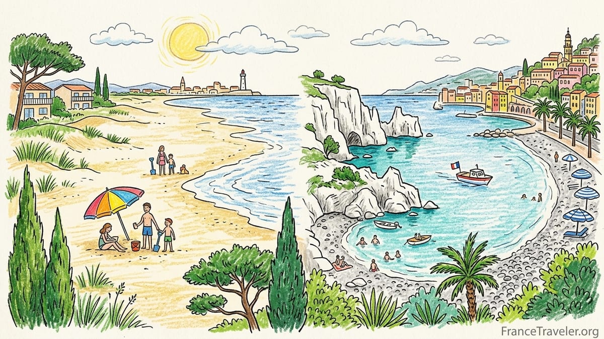 Aerial view of French Mediterranean beaches from wide sands to rocky calanques and Riviera townfront.