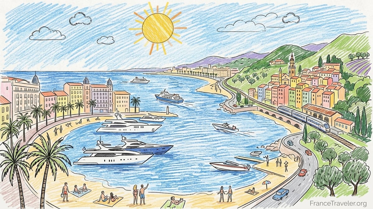 Aerial view of the French Riviera coastline from Nice toward Villefranche-sur-Mer at golden hour.