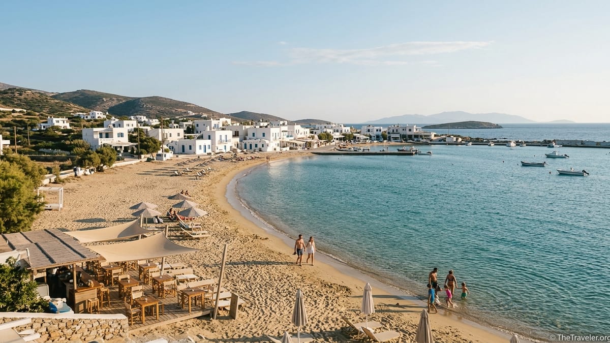 Greek island beach with whitewashed town, turquoise sea and relaxed summer crowds.