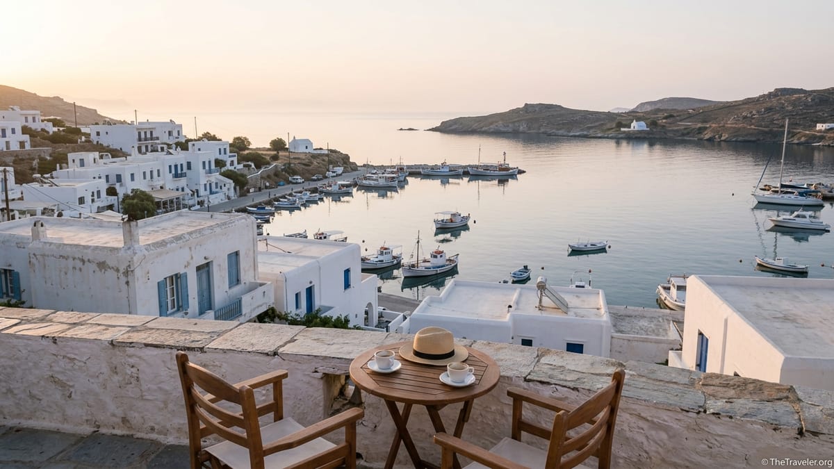 Quiet Greek island harbor at sunrise viewed from a café terrace, ideal for couples.