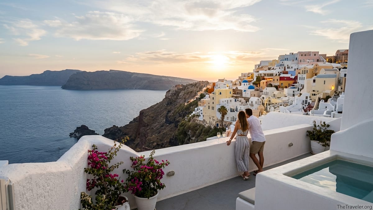 Couple on a Santorini terrace at sunset overlooking whitewashed cliffs and the caldera sea.