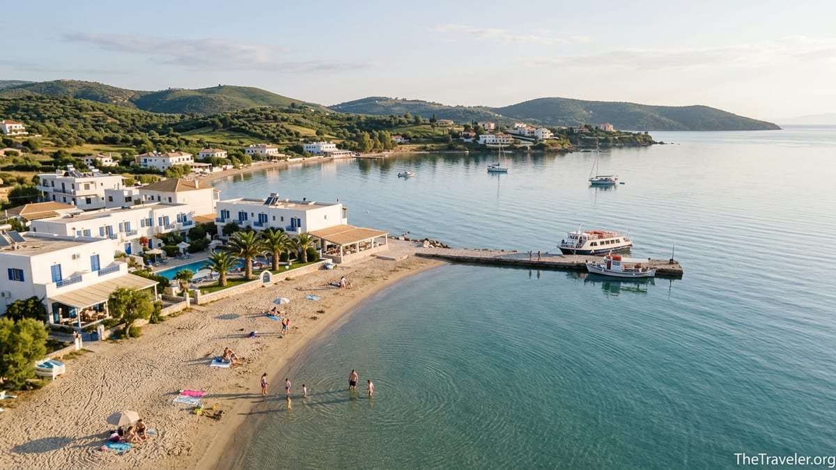 A shallow sandy Greek island beach with families playing and low whitewashed hotels behind.